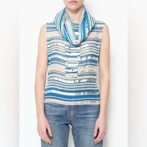 CHANEL Blue and White Striped Sleeveless Blouse with Scarf/Hood Vintage